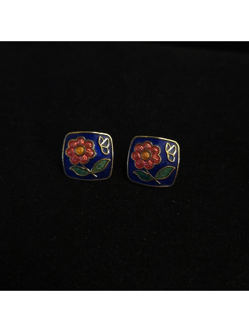 Vintage Square Blue Cloisonné Enamel Flower Stud Earrings